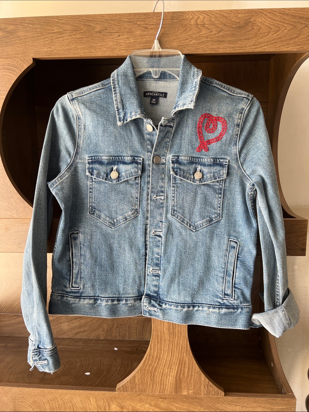 J. Crew Factory Light Blue Denim Jacket with Red Heart Patch